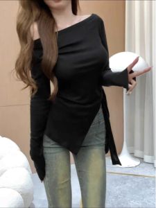 plus Size Womens Autumn Pure Cotton Long Sleeve One Shoulder T-Shirt Slimming Belly Covering Top Korean Style Commute Fashion