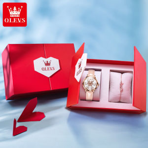 [Buy One Get One Free]OLEVS Watch For Women Original 2023 Waterproof Luminous Petal Dial Leather strap Send Gelang Tangan Perempuan