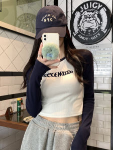 Áo Thun Nữ Tay Dài Màu Trơn Cổ Tròn Dáng Ôm Vừa Vặn Ngắn Mùa Thu Thiết Kế Chèn Vai Màu Khối Bên Trong Áo Ngắn