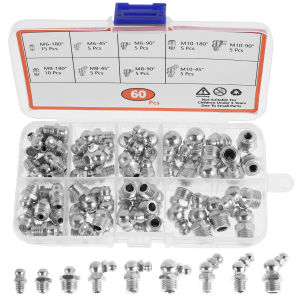 60/120Pcs Metric Grease Fitting Assortment Straight 45°/90°Angle Galvanized Metal Grease Nipple With Storage Box