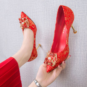 YX | Comfortable Red Pointed Toe Crystal Heels