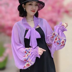 Áo Khoác Len Thêu Tay Dài Mùa Hè Cho Nữ Áo Khoác Ngoài Bằng Vải Voan Đa Năng Áo Khoác Ngoài Thời Trang Áo Khoác Ngoài Mùa Hè