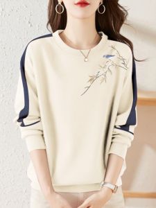 New 2024 Womens Long Sleeve Color Block Printed Sweatshirt Casual Loose Outerwear Cotton Comfortable Fashionable Streetwear