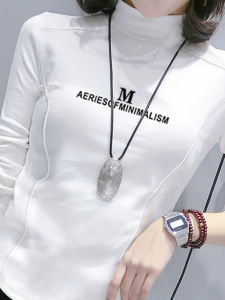 Womens Slim Fit Long Sleeve T-Shirt Half High Collar Flocking Base Shirt Spring Autumn Winter Inner Wear Regular Length Korean Style