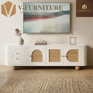 Kệ TV phòng khách ARCORA cốt gỗ MDF họa tiết cửa vòm với chân bi gỗ tròn sang trọng hiện đại KT-12