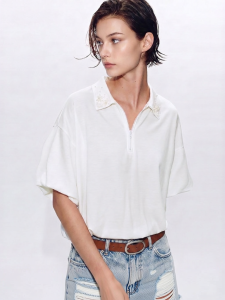 AMII | Leisure Collar Beaded Zip T Shirt with Drop Shoulder