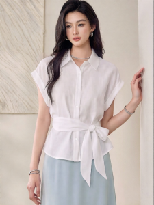 Roey s house | Versatile Commuter Solid Color Stand-Collar Tied Waist Draped Blouse