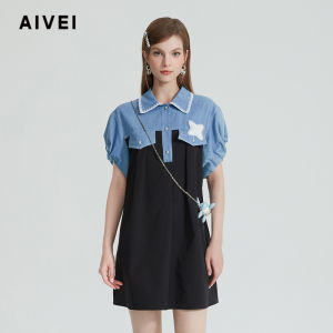 น่ารัก Doll Splicing ฤดูร้อน เดรส AIVEI New Girls Short กางเกงยีนส์ เดรส Natural เอว ปกโปโล Short Sleeve Bright Thread