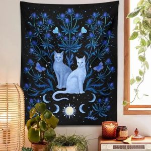 VIKAMA Phù Thủy Mèo Mặt Trời Mặt Trăng Bướm Boho Chiêm Tinh Học Hoa Ảo Giác Tấm Thảm Treo Tường Cho Tập Yoga Trang Trí Phòng Ngủ Phòng Khách Phòng Game