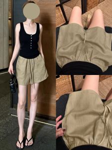 V.C.I | Breathable Linen Shorts Womens 3/5 Length Loose Wide Leg