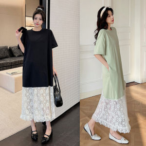 Summer New plus Size Lace Long Dress Womens Loose Knee-Length T-Shirt Dress Trendy Splice Design Street Style Knitted Cotton