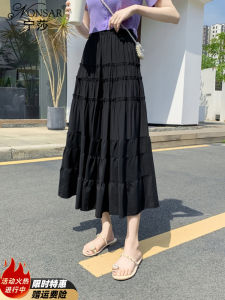 Spring Summer 2025 High Waist A-Line Cake Skirt Womens Midi Length Chiffon Versatile Autumn Wear Korean Style Commute Pure Color