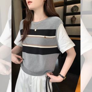 Áo Thun Nữ Tay Ngắn Cổ Tròn Sọc Màu Cam Phong Cách Hàn Quốc Mùa Hè Áo Thun Lụa Băng Không Tay Áo Hai Mảnh Giả Ôm Vừa Vặn