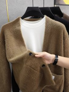 Mens Knitted Mink Vest Casual Soft Lazy Style Spring Autumn Loose Fit Korean Version Sweater V-Neck Long Sleeve Business Casual