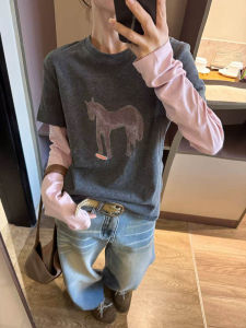 XIANGBAIWEI | Pony Print Contrast Two-Piece Long Sleeve T-Shirt Top