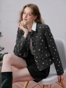 XIANGYING | Gray Chic Style Faux Twin Piece Embellished Wool Coat