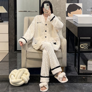 Thick Coral Fleece Pajamas Womens plus Size Flannel Home Clothes Set Warmth V-neck Button Long Sleeve Sleepwear Outfit