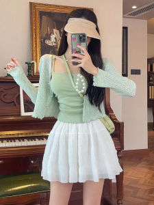 Womens Gentle Slimming Two-Piece Set with Strap Vest And Short Cardigan Inner Wear for Autumn And Summer Casual Work Date