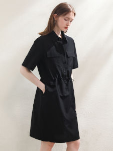 Miccbeirn | Silk Cotton Simple Polo Collar Shirt Dress Casual A-Line Skirt Waist-Cinching Commute Workwear Summer Season Solid Color