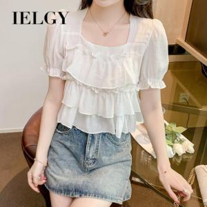 IELGY เสื้อแบบสวมหัวแขนแขนสั้นพัฟสำหรับผู้หญิงเสื้อแบบเรียบง่ายลดอุณหภูมิเชื้อราเสื้อชีฟอง