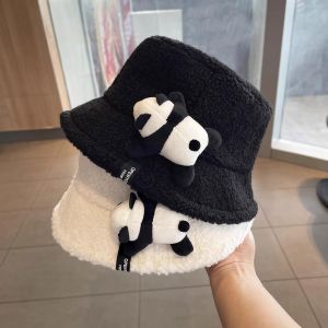 Adorable Panda Plush Hat Autumn Winter Fisherman Cap Womens Korean Style Warm Lamb Fur Versatile Fluffy Hat for Youth And Couples