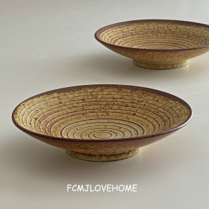 Handmade High Footed Dish Fcmj 6 Inch Raku Ceramic Tempura Plate Wabi Sabi Style High Temperature Glaze under Color Kiln Change Process