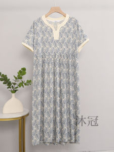 Summer Artificial Cotton Dress Womens V-neck Short-sleeve Silk Cotton Long Skirt Casual Style Mid-high Waist A-line Dress