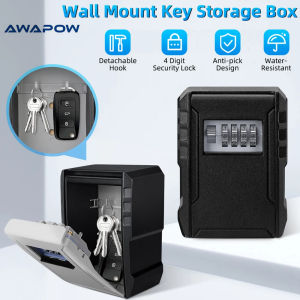 Awapow Metal Password Key Box Wall Mounted 4 Digits Password Storage Box Waterproof Anti Theft Safe Lock Large Capacity Keybox