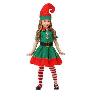 Christmas Elf Costume for Kids Green Velvet with Red Decor Festive Family Matching Outfit Winter Party Dress with Stockings