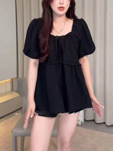 Summer Versatile Short Sleeve Doll Shirt Womens plus Size Conceal Belly Meat Hide Slimming Black Top Commute Loose Fit Bubble Sleeve
