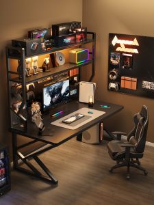 SAMDREAM Gaming Computer Desk Home Office Workstation with Hole Board Integrated Bookshelf No Storage Drawer Iron Leg Desk
