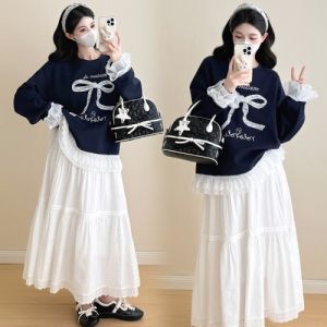 กระโปรงสั้นทรงเอเอวสูงสำหรับคุณแม่ตั้งครรภ์ ฤดูใบไม้ผลิและฤดูใบไม้ร่วง ผ้าฝ้ายผสมลูกไม้ แขนยาว ชุดสองชิ้น