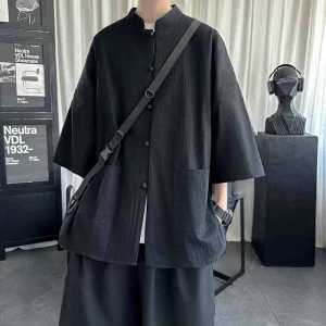 New Chinese Style Tang Suit Short Sleeve Shirt Mens and Womens Loose Cross-Examination Button Shirt Trendy Stand-up Collar 3/4 Sleeve Robe Shirt
