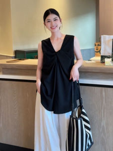 YUFUQING | French Vintage V-Neck Knot Sleeveless Shirt Women Summer New Loose Anti-Aging Vest Top High Waist Commute Style Polyester Fiber