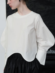 JILLA Pure Cotton White Shirt Arc Design Loose Short Sleeve Long Sleeve Top Summer 2024 Commute Simple Style round Neck