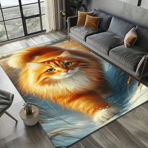 Living Room Rug Oil Painting Style Orange Cat Healing Carpet Non-Slip Soft Easy Clean Cat Lover Personalized Home Decor Mat