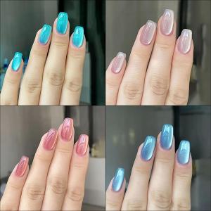 เล็บปลอมแบบกดติด 96 ชิ้น ลายตาแมวใส เงา สั้น ทรงบัลเล่ต์ แฟชั่นสำหรับผู้หญิงและเด็กผู้หญิง ปิดเต็มเล็บ ปลายเล็บปลอม TD