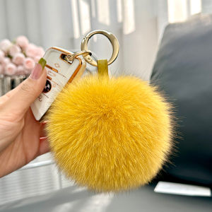 Cute Fox Fur Ball Keychain Bag Ornament Car Decoration Womens Plush Key Holder Fashionable Accessory Genuine Fox Fur