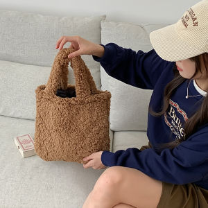 Adorable Plush Lamb Fur Handbag Trendy Small Square Bag Soft Handle Tote Bag for Daily Use Youth Friendly Water Washable