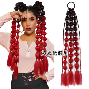 Fashion Color Gradient Bubble Dough-Twist Style Plaits Three-Strand Hand-Knitted Dreadlocks Ponytail Wig Female Music Festival Hip Hop Modeling
