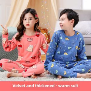 Thickened Fleece Childrens Underwear Set Middle School Boys Girls Sleepwear Warmth Autumn Clothes Polyester Spandex Blend