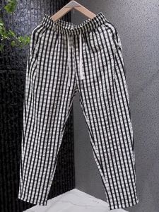 กางเกงลำลองผู้ชายผ้าไหมน้ำแข็งลายสก็อตฤดูร้อน ทรงหลวม ทรงตรง ระบายอากาศได้ดี กางเกงขายาวทรงหลวมสบาย ๆ สำหรับผู้ชาย