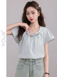 YOUXIANG | Áo Sơ Mi Nữ Tay Ngắn Màu Xanh Nhạt Thiết Kế Độc Đáo