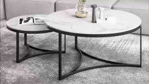 Bàn trà đôi Sofa phòng khách mặt đá tròn chân kim loại kiểu tam giác cách điệu sang trọng hiện đại