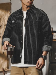 Advanced Striped Casual Shirt Mens Trendy American Heavyweight Spring Autumn Denim Workwear Jacket Loose Fit Long Sleeve