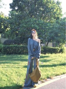 Loose Long Sleeve Shoulder Bared Sweatshirt Women Early Autumn New Style Versatile Lazy Feeling Trendy Slant Shoulder Top