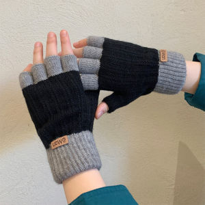 Winter Gloves For Men Women Half Finger Knitted Gloves Students Office Cycling Thickened  Wool Warm Elastic Driving Gloves