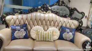 Bộ sofa tân cổ điển gỗ tự nhiên bọc da bò nhập khẩu màu nâu nho sang trọng G9903