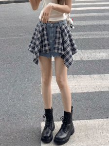 AIYITI | Gingham Patchwork Denim Shorts