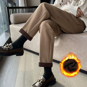 Thickened Fleece Lined Woolen Trousers for Women Autumn Winter Casual High Waist Long Pants Korean Style Commute Pocket Detail